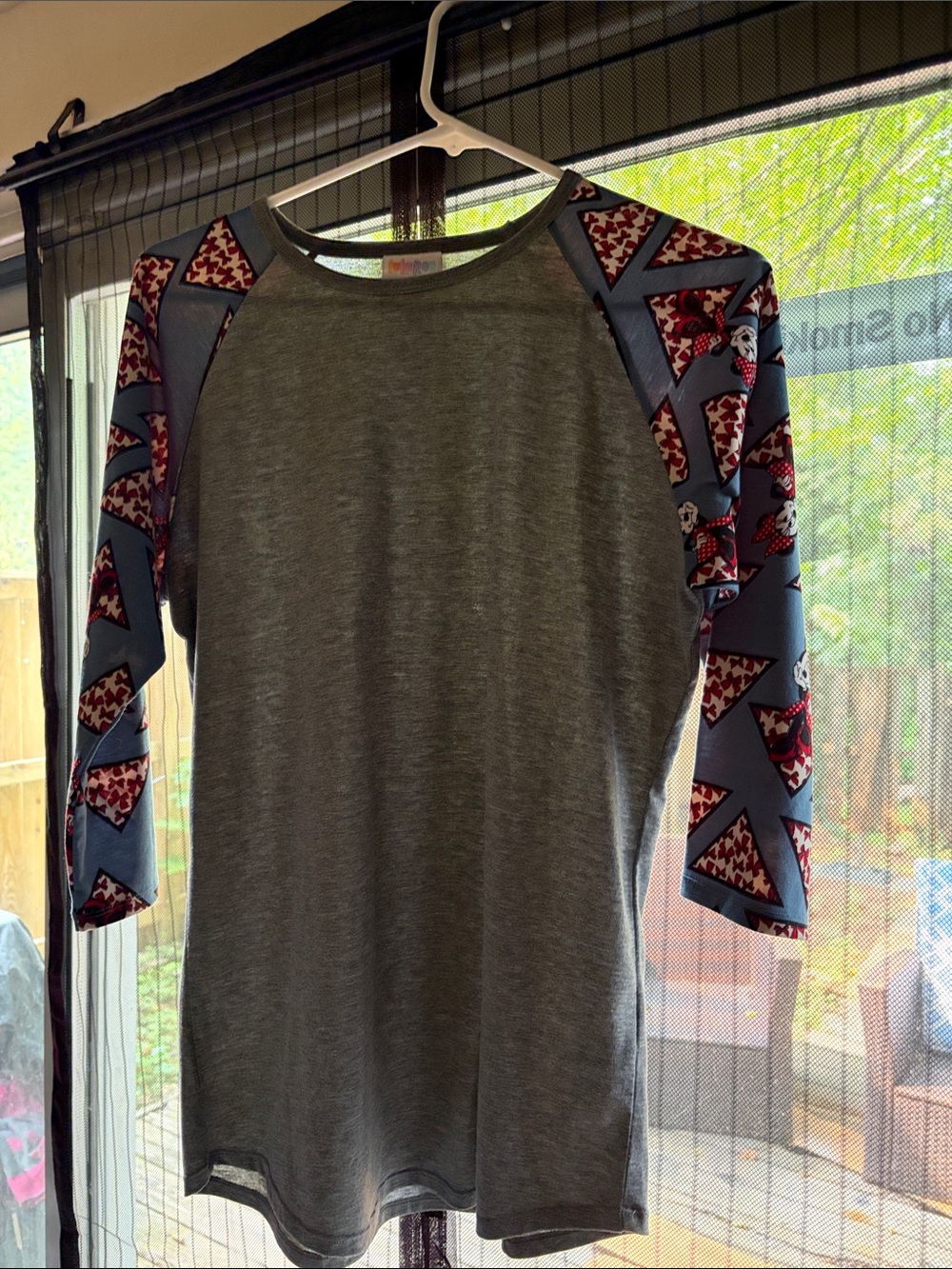 Gray Randy Tee with Patterned Blue & Red and Minnie Mouse Sleeves